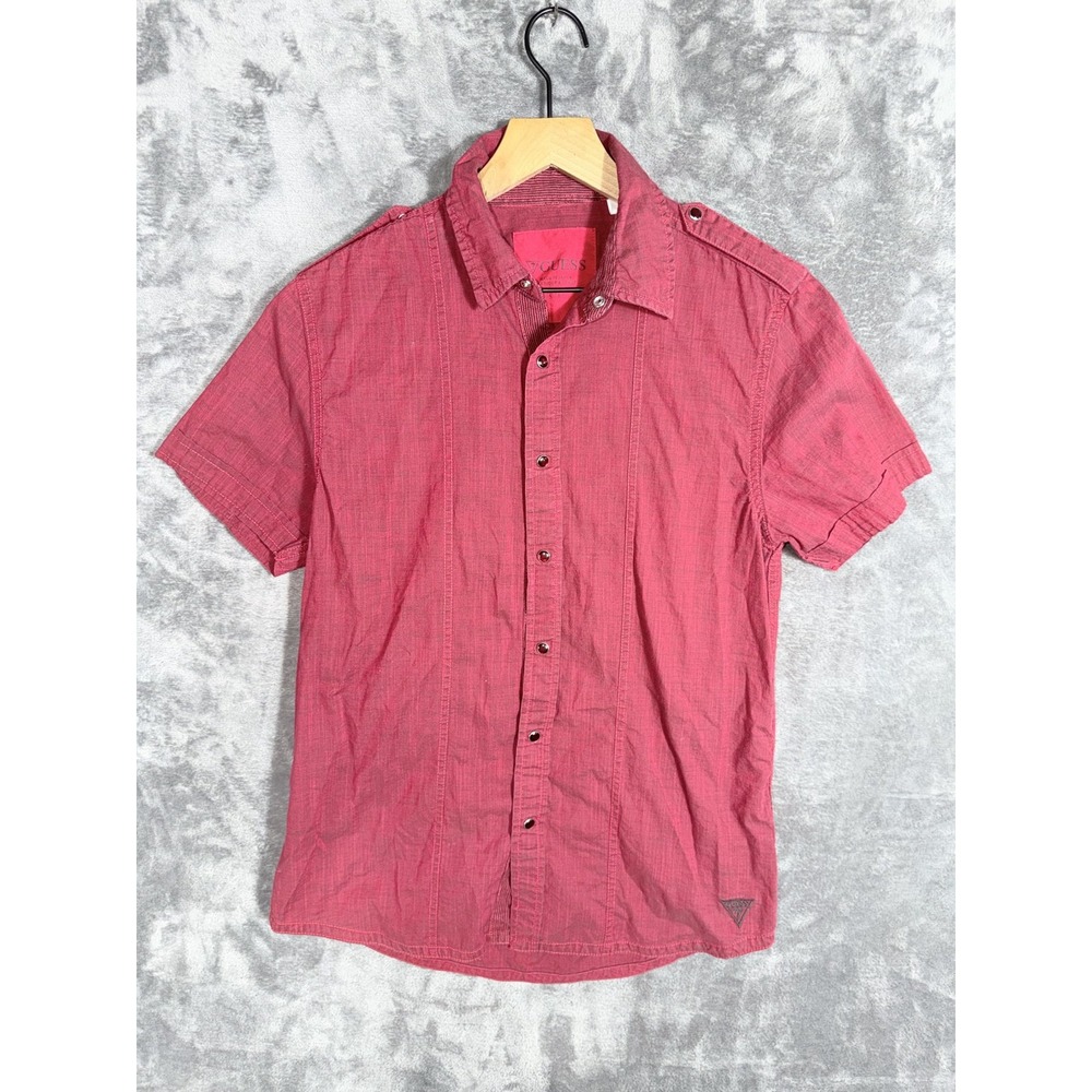 Guess Mens Short Sleeve Button Up Shirt S Cotton Washed Collared Epaulets